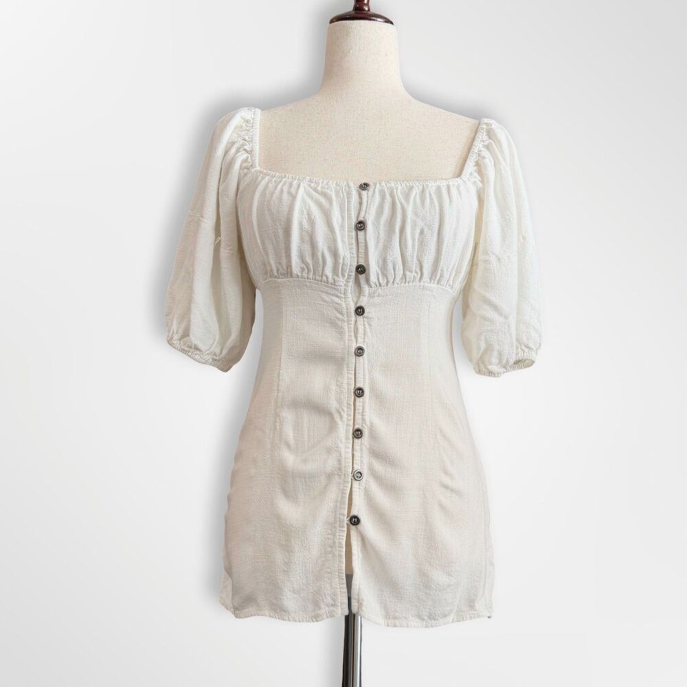 White Puff Sleeve Square Neck Peasant Baby doll Mini Dress S Boho Cottage